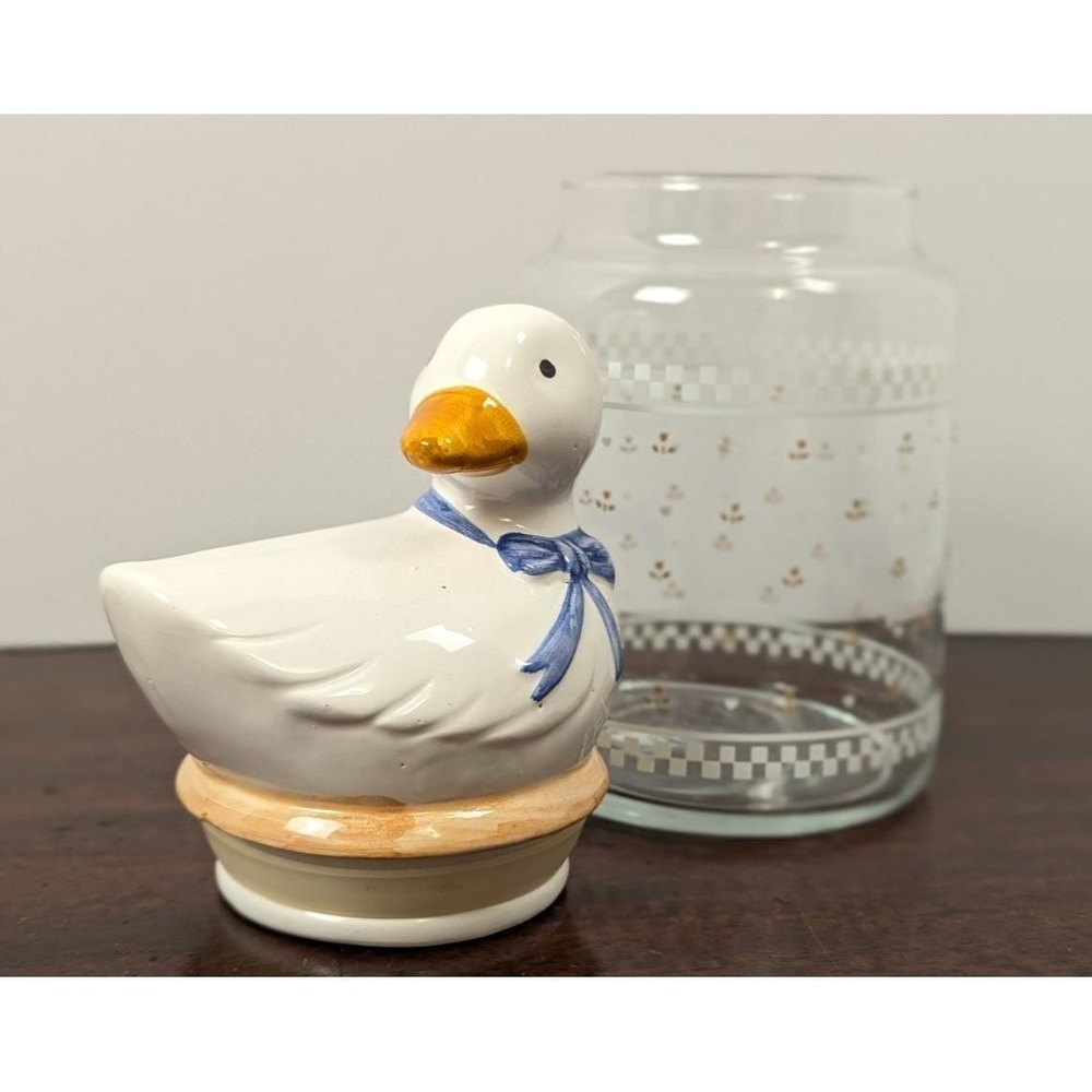 Vintage Duck Goose Ceramic Lid Glass Cookie Jar Canister Taiwan Blue Bow
